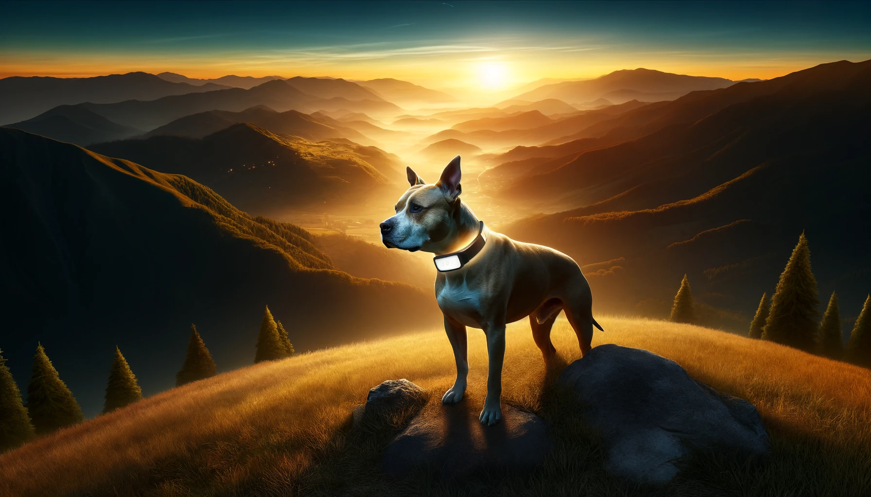 An image shows the serene beauty of nature and the advanced technology of GPS tracking collars, balanced between allowing pit bulls the freedom to explore and ensuring their safety.